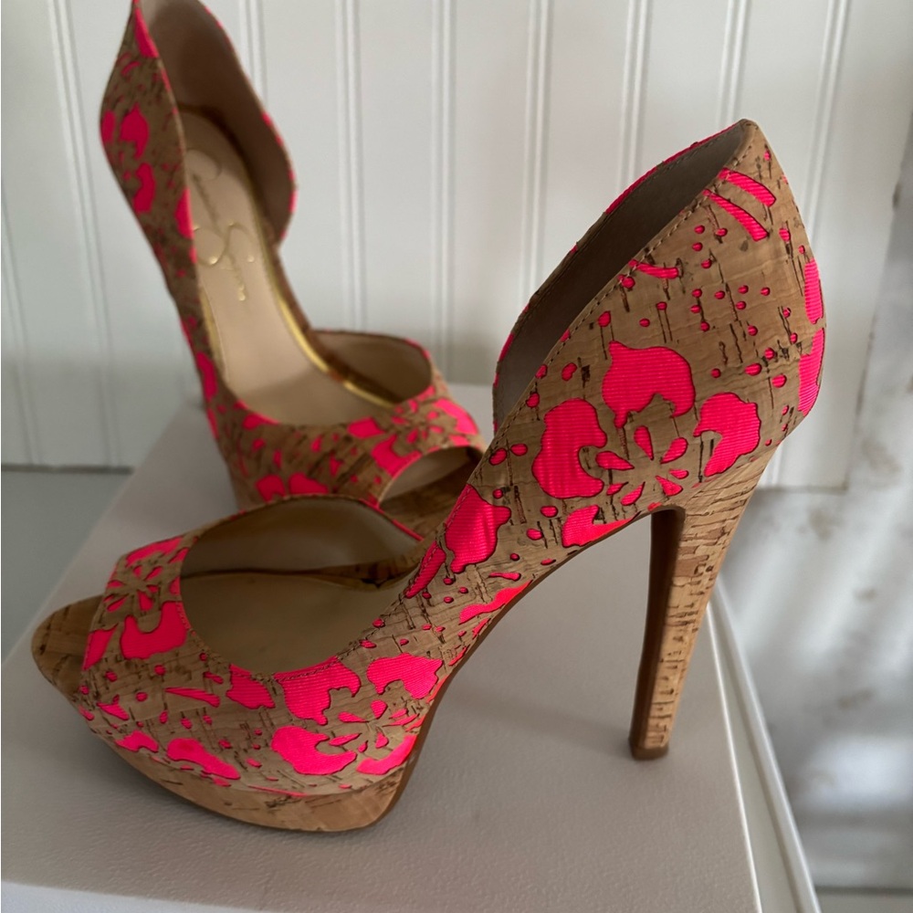 Jessica Simpson Neon Pink Floral Cork Platform Peep-Toe Heels